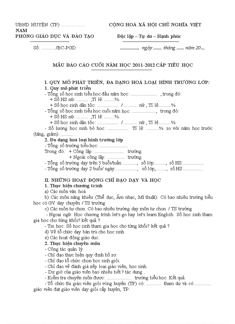 Báo cáo tổng kết năm học 2011 2012