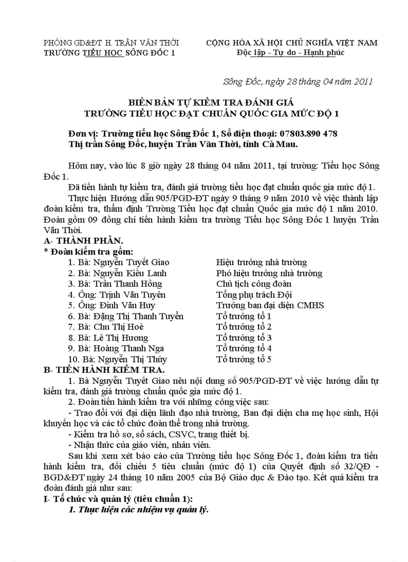 Biên bản tự kiểm tra đánh giá trường tiểu học đạt chuẩn Quốc gia mức độ 1
