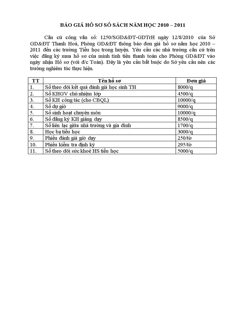 Báo giá hồ sơ sổ sách năm học 2010