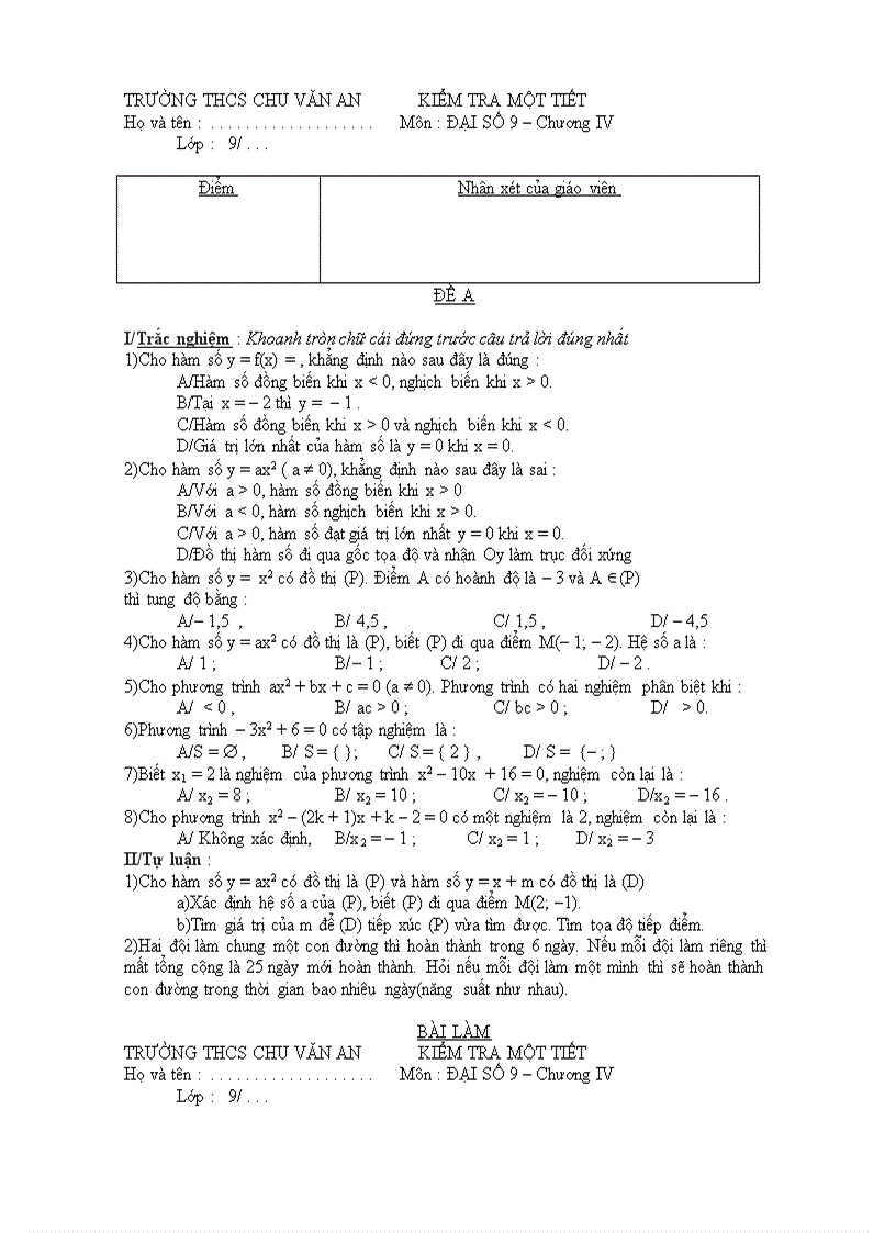 Đề kiểm tra 1 tiết chương iv đại số 9