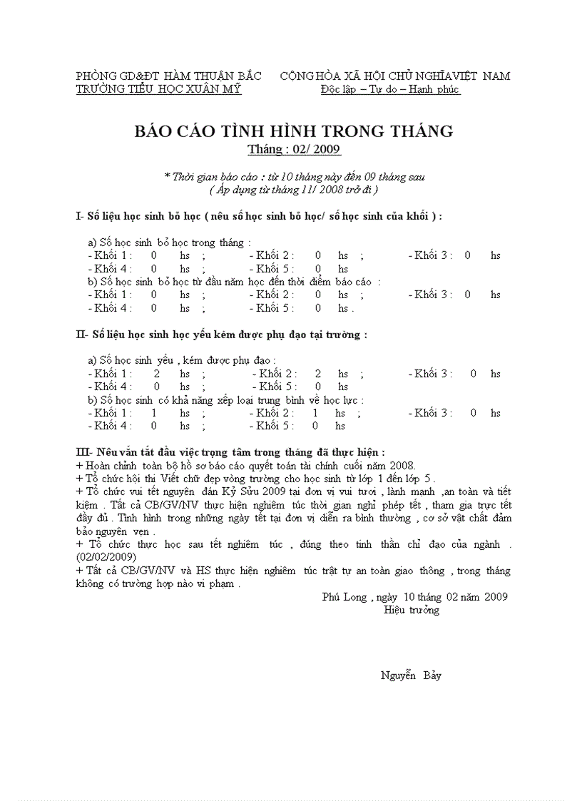 Báo cáo tháng 1 TH Xuân Mỹ