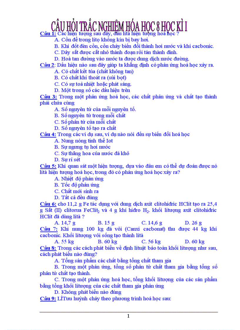 Câu Hỏi Trắc Nghiệm Hóa 8