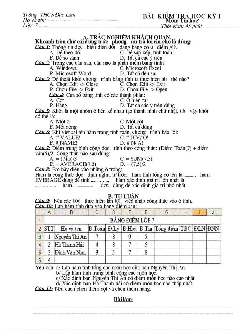 Bộ đề kiểm tra Tin học 7