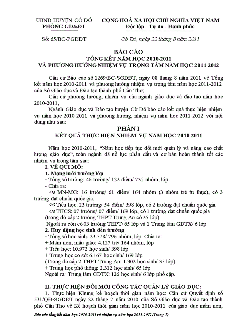 Báo cáo Tổng kết năm học 2010 2011 và Triển khai phương hướng nhiệm vụ năm học 2011 2012