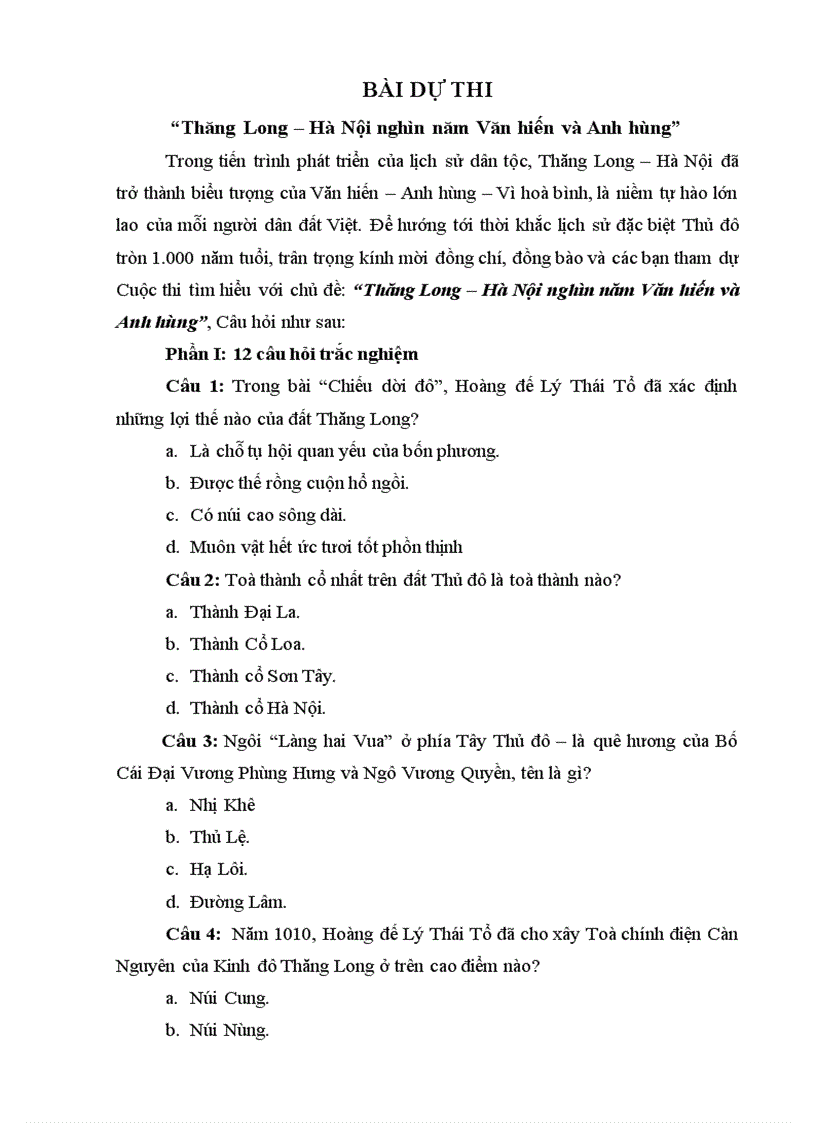 Đáp án cuộc thi Thăng Long Hà Nội Mới nhất