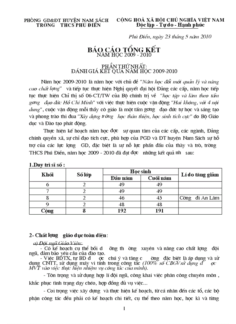 Báo cáo tổng kết năm học 09 10