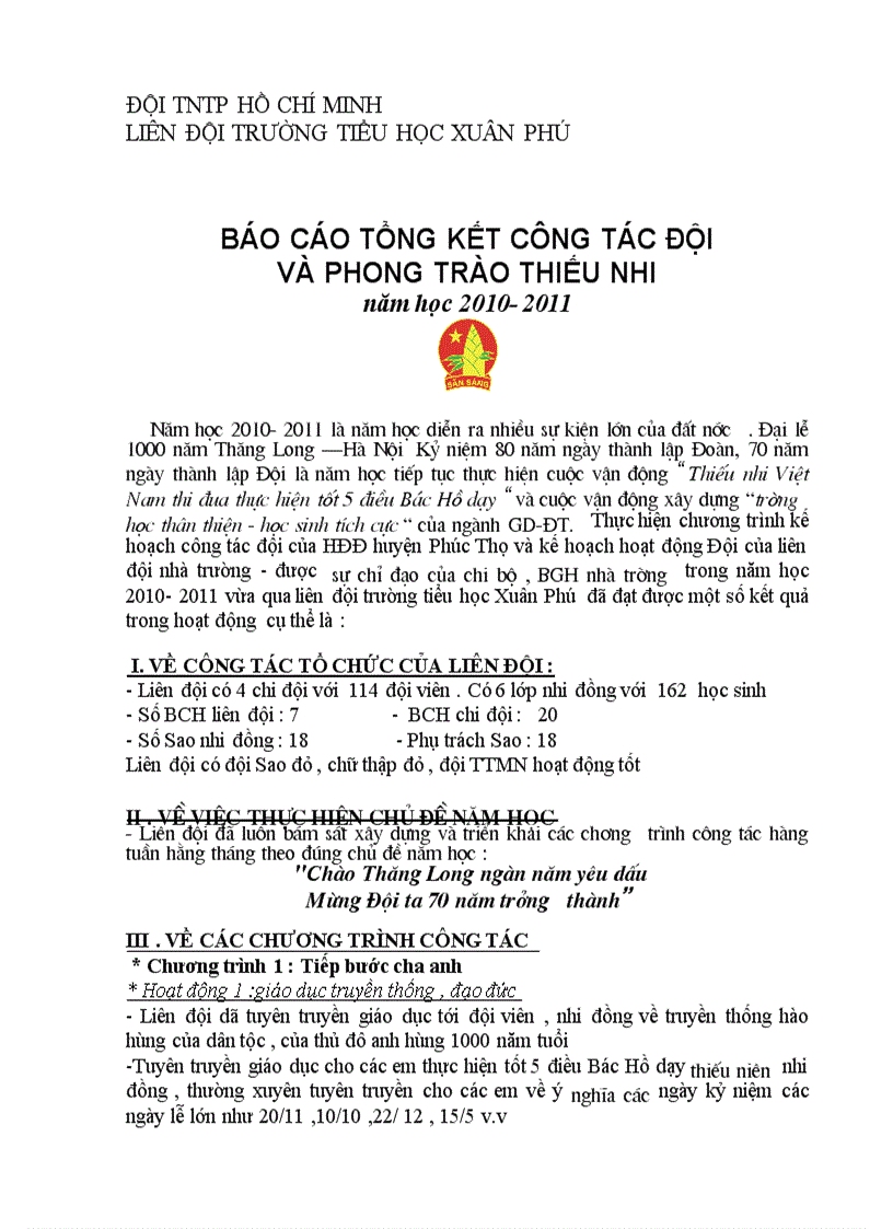 Báo công cáo tổng kết công tác Đội 2010 2011