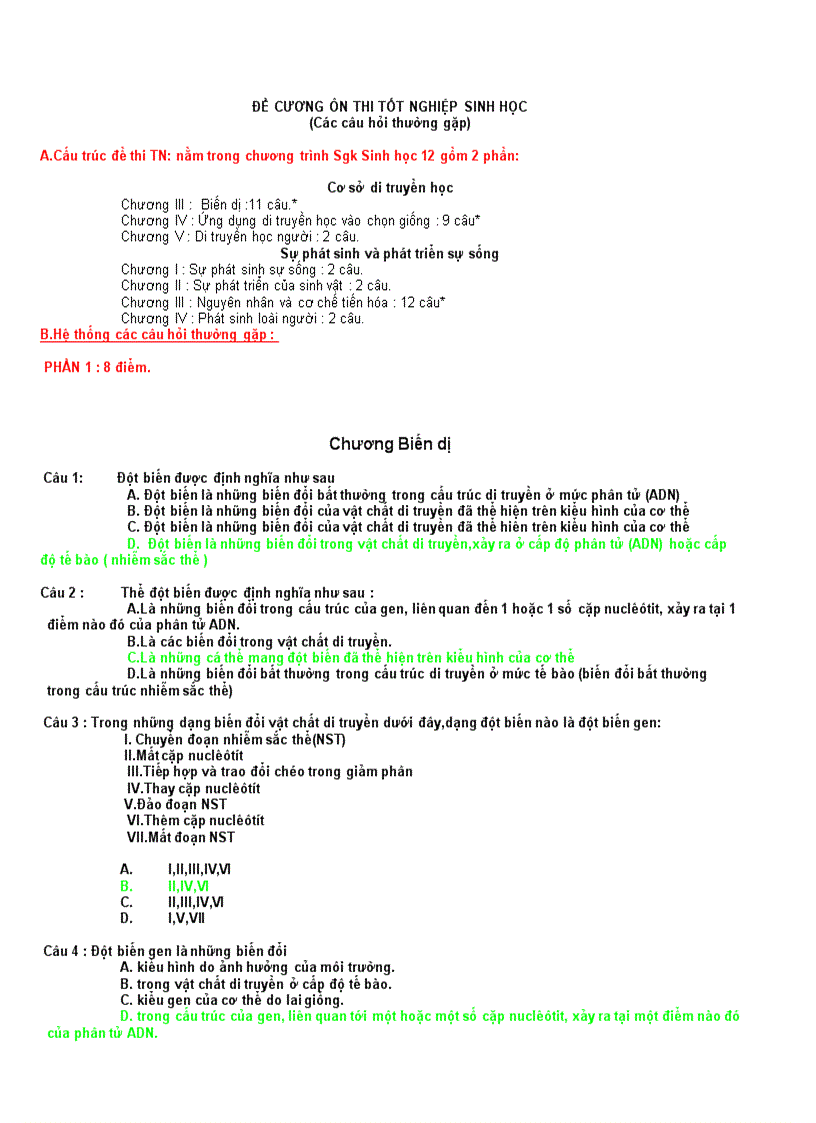 Đề cương ôn thi tốt nghiệp sinh học