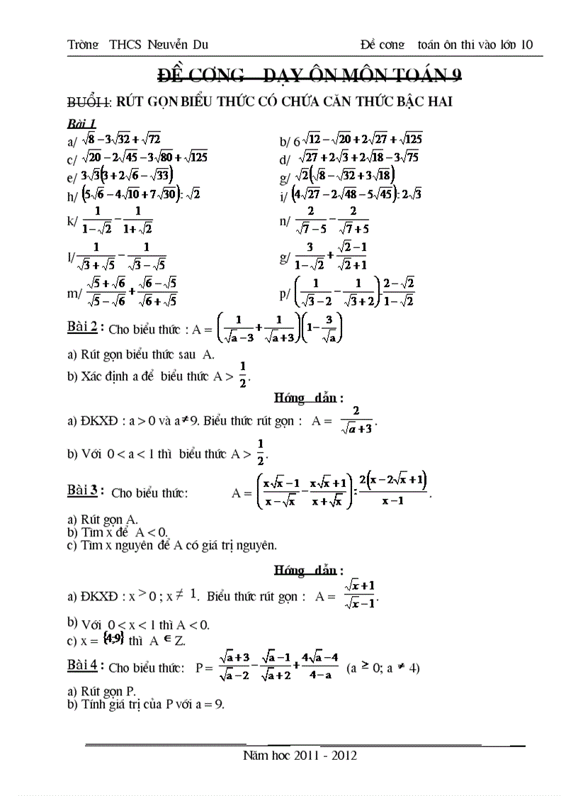 Đề cuong ôn tập toan 9 chuyen cap 11 12