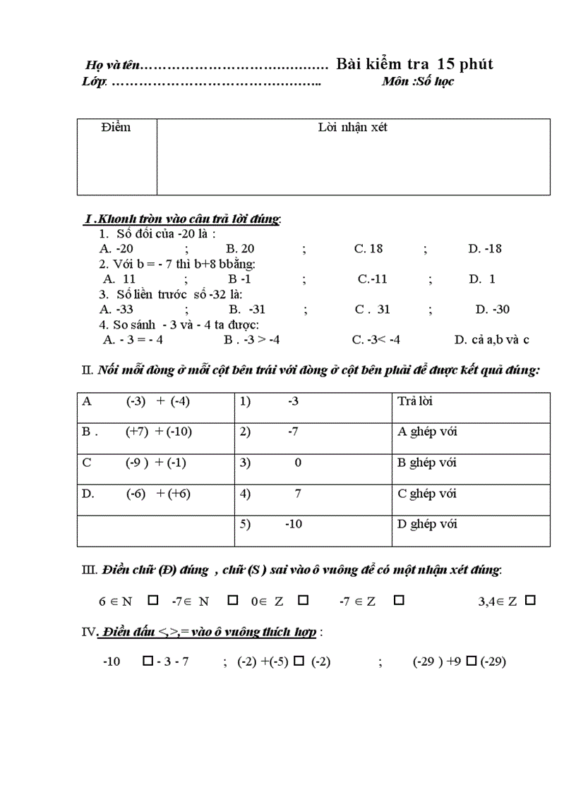 Đề kiểm tra 15 phút toán 6