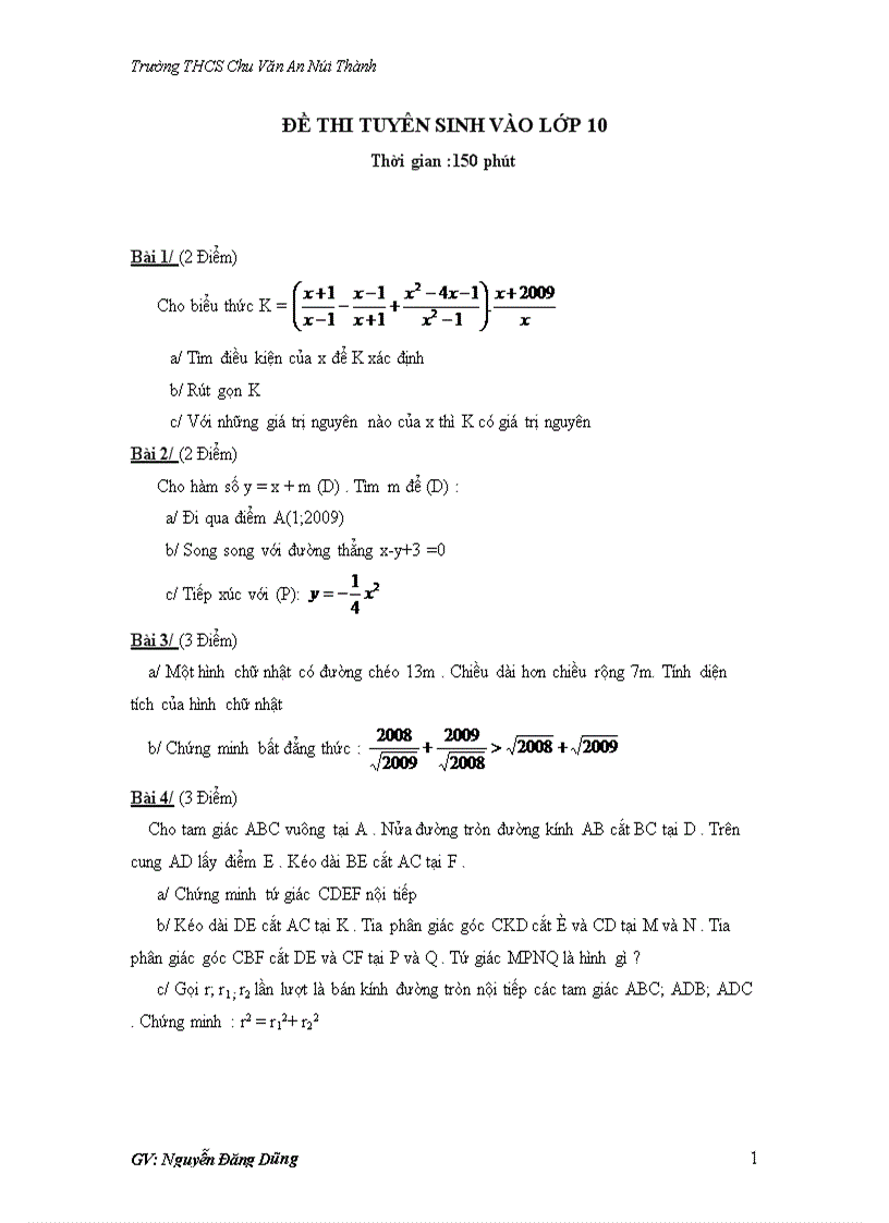 Đề thi tuyển sinh 10