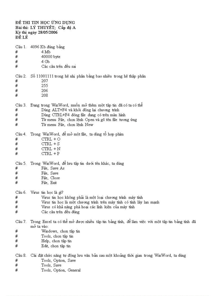 Đề thi tin học A