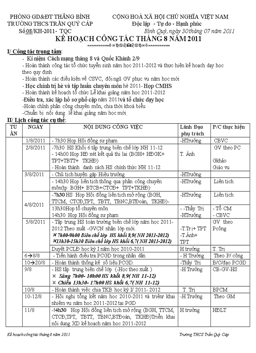 Kế nhoạch công tác tháng 8 năm 2011