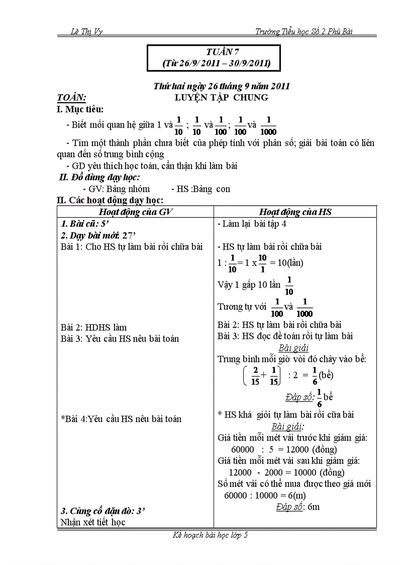 Giáo án lớp 5 tuần 7