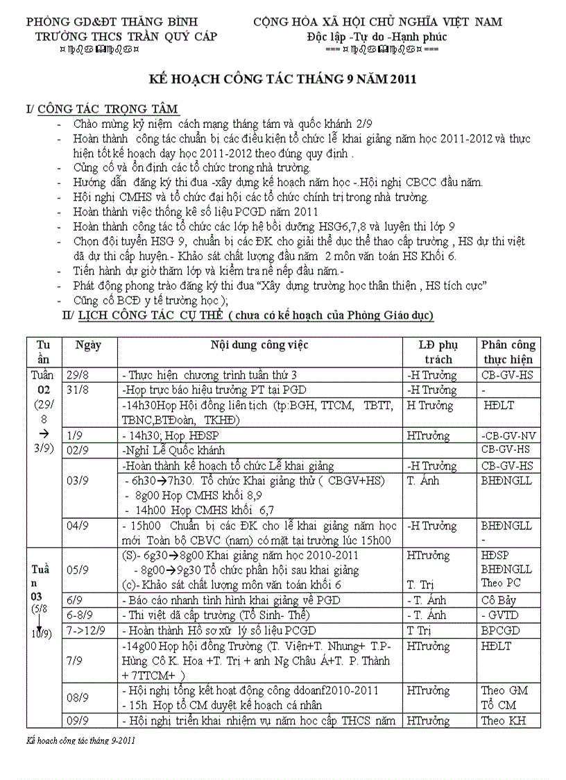 Kế hoạch công tác tháng 9 2011