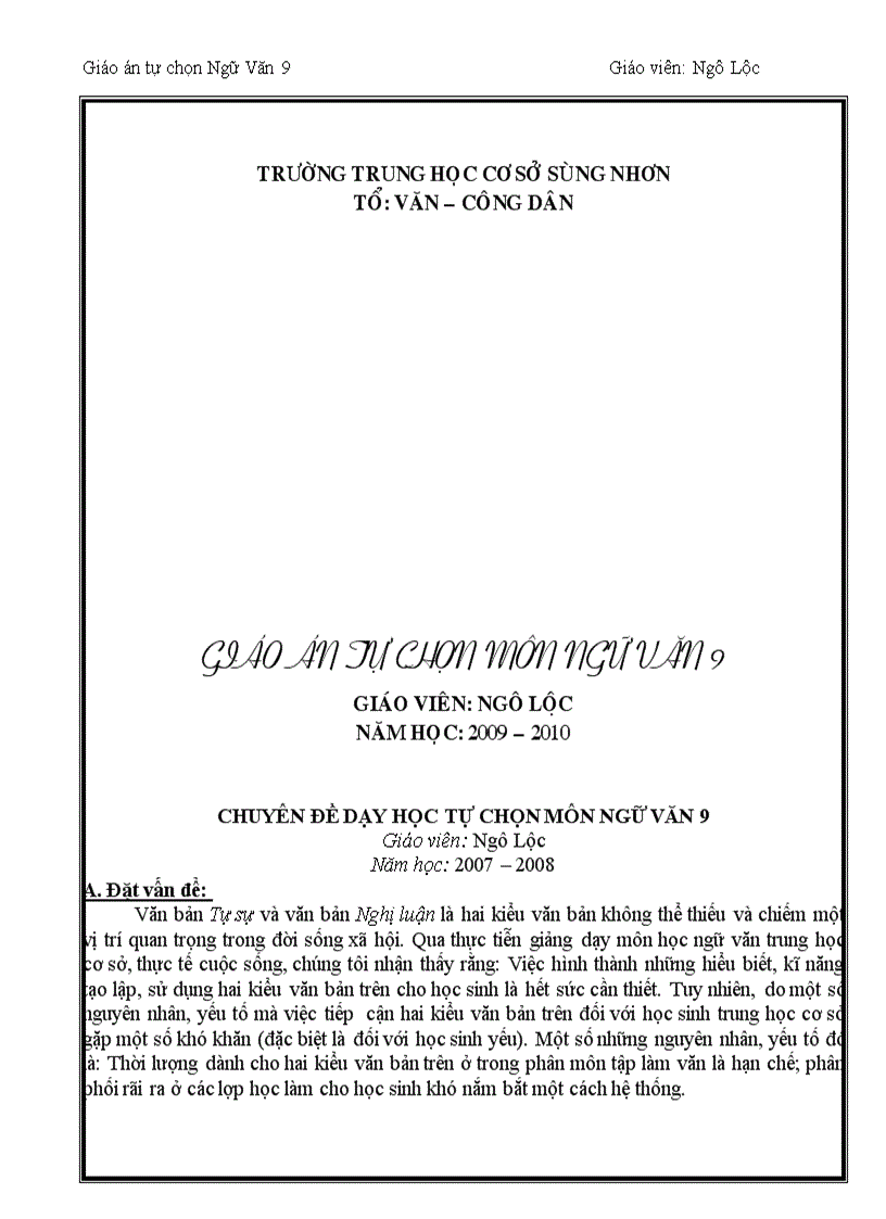 Giáo án tự chọn văn 9