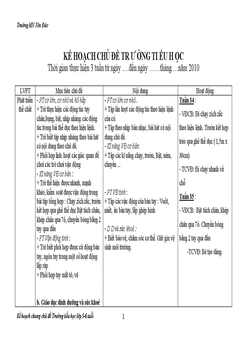 Kế hoạch chung chủ đề 10 Trường tiểu học lớp 5 6 tuổi trường Mn Yên Đức