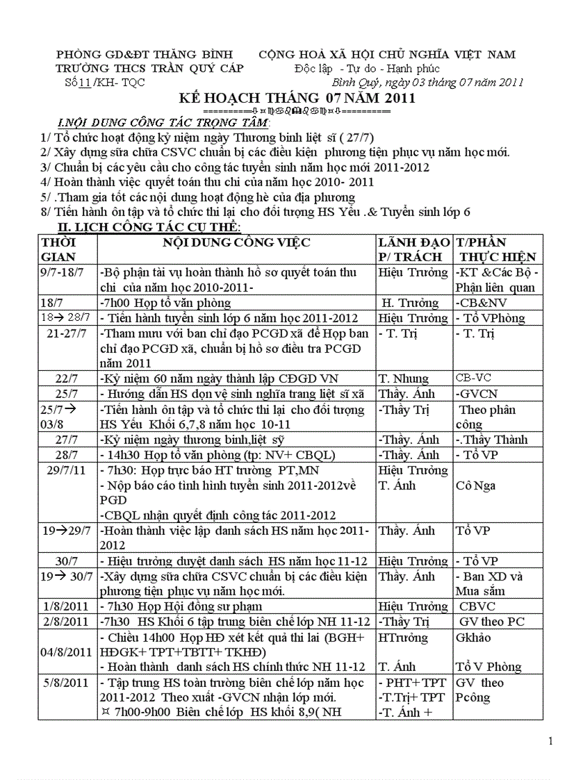 Kế hoạch công tác tháng 7 năm 2011