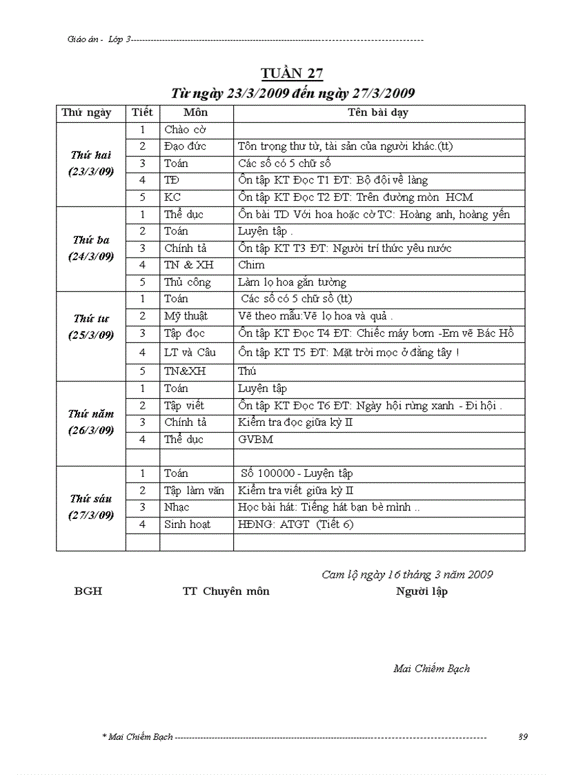 Giáo án tuần 27 lớp 3