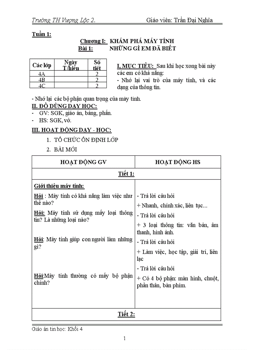 Giáo án Tin học lớp 4 1