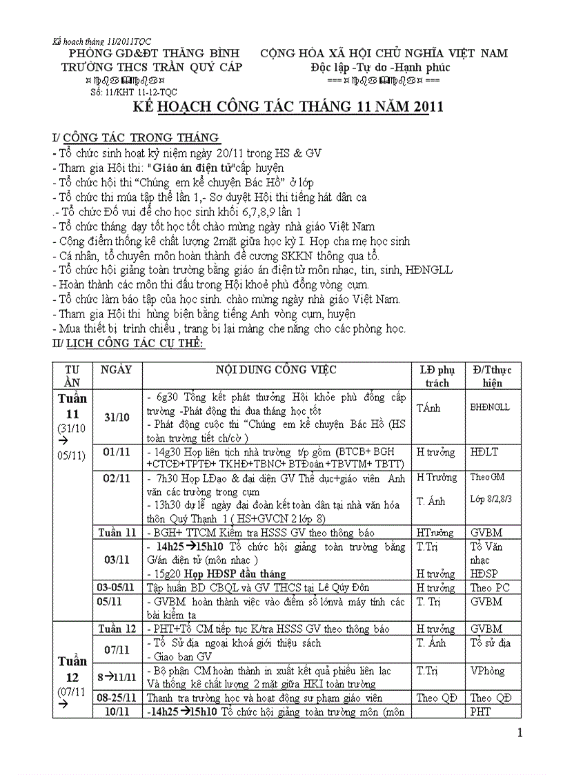 Kế hoach công tác tháng 11 năm 2011