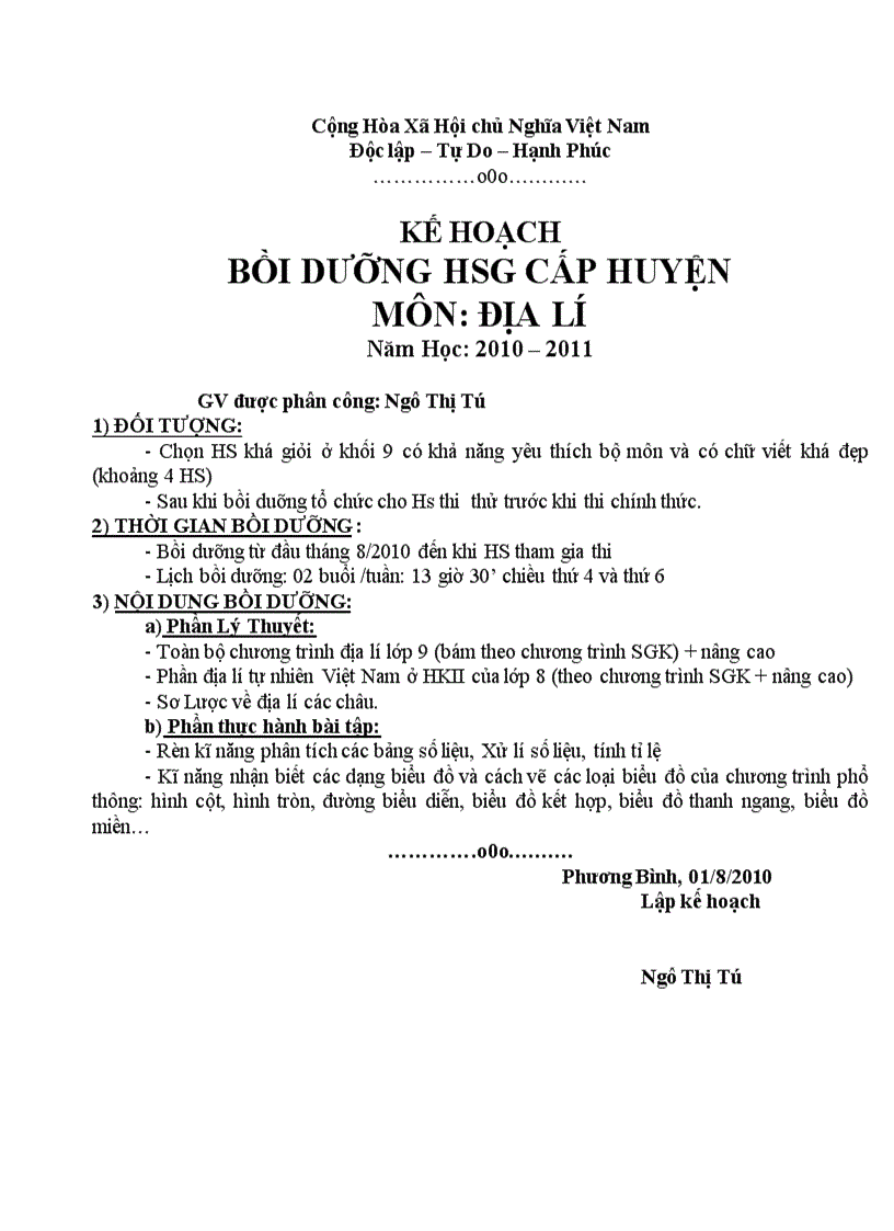 Kế hoạch bồi dưỡng HSG tổ sử địa