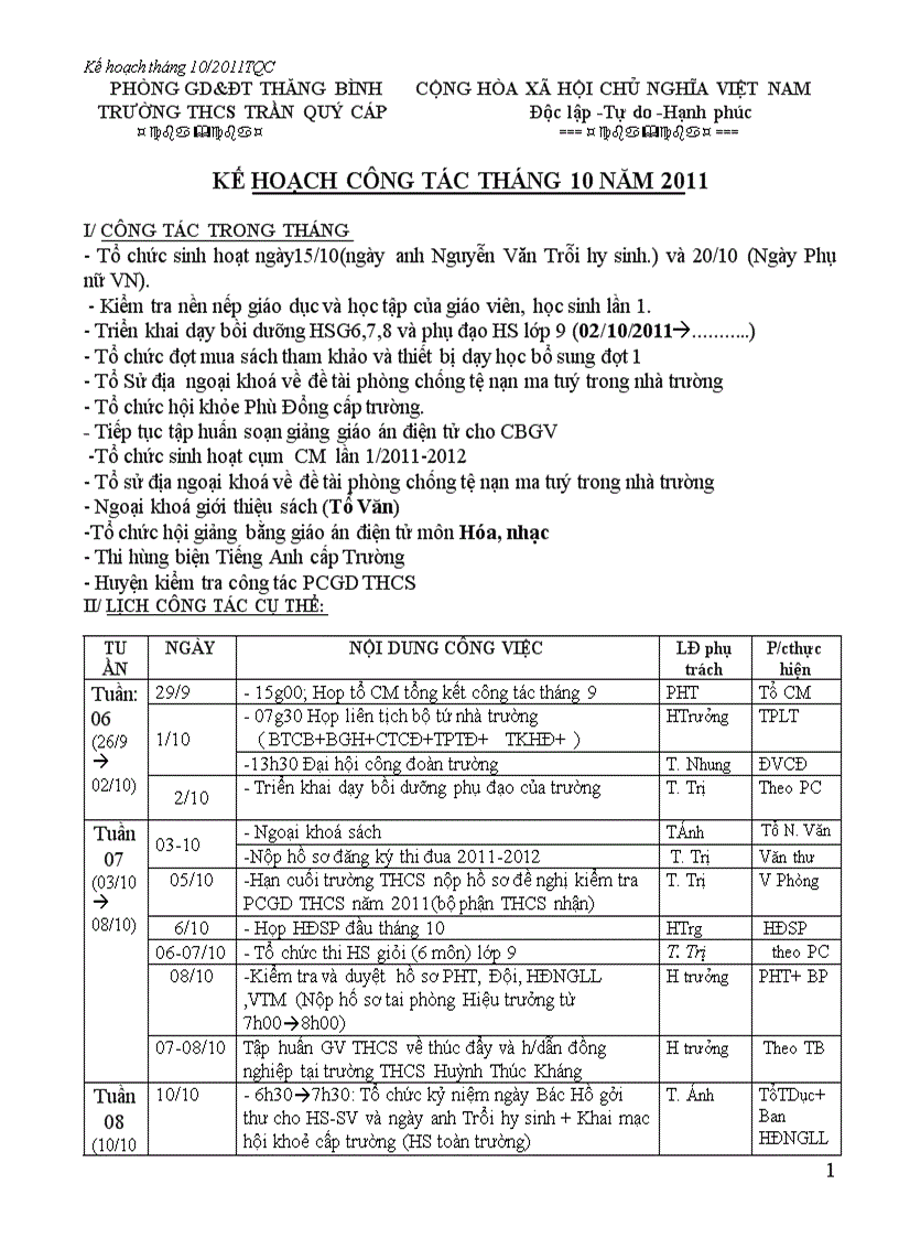 Kế hoạch công tác tháng 10 năm 2011