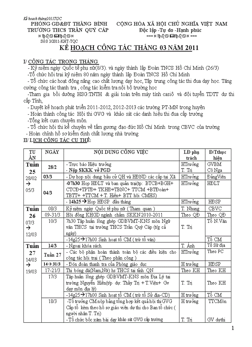 Kế hoạch công tác tháng 03 năm 2011