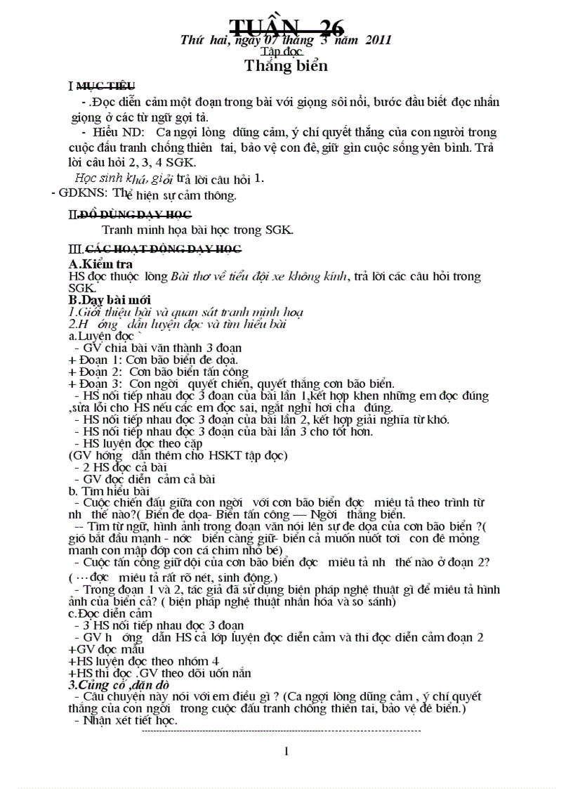 Giáo án lớp 4 tuần 26