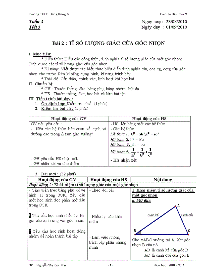 Giáo án Toán9 HH Chương I chuẩn 100