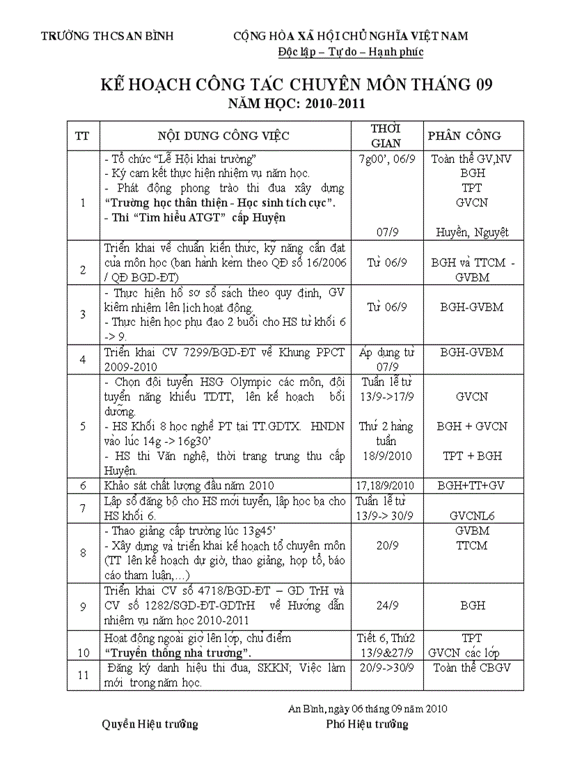 Kế hoạch tháng 09