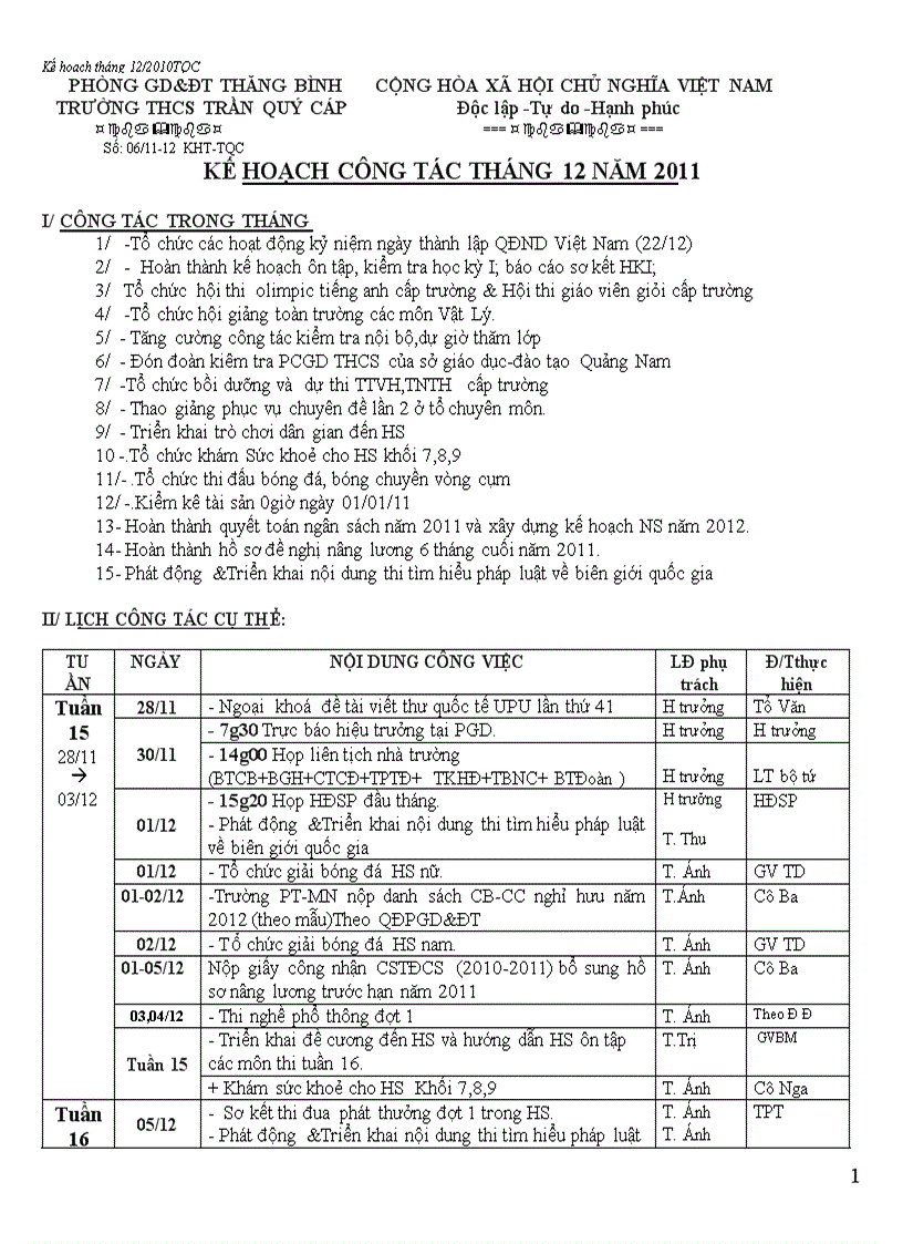 Kế hoạch công tác tháng 12 năm 2011