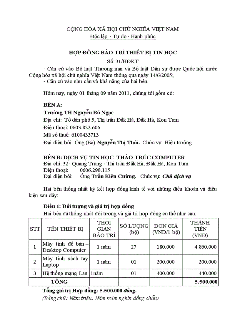 Hop dong bao duong bao tri may tinh