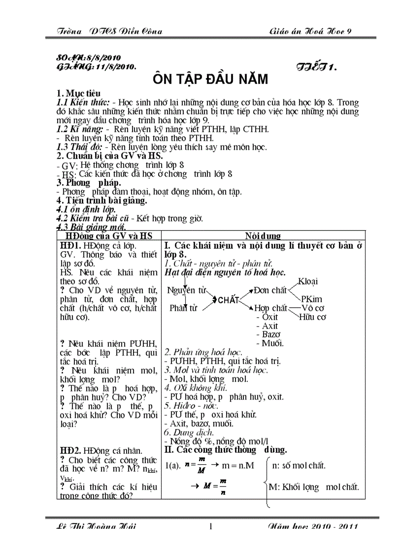 Giáo án hóa 9 kì I năm 2010 2011