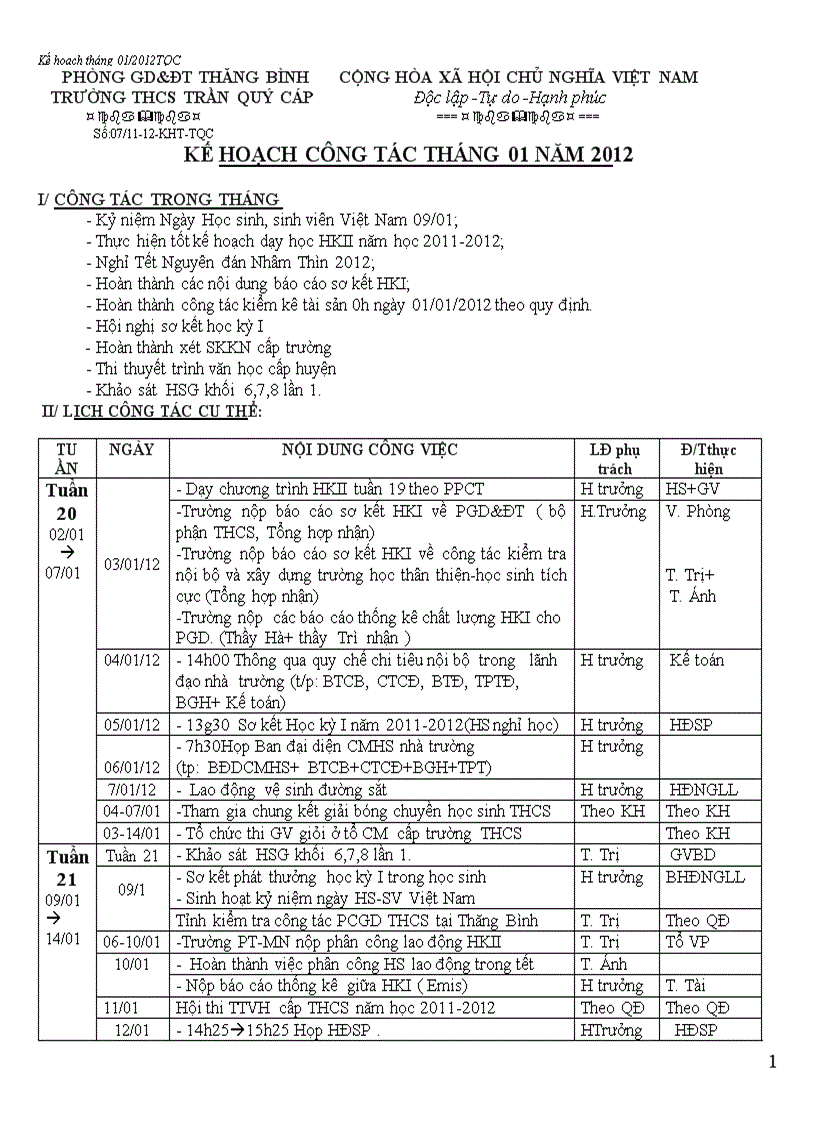 Kế hoạch tháng 01 năm 2012