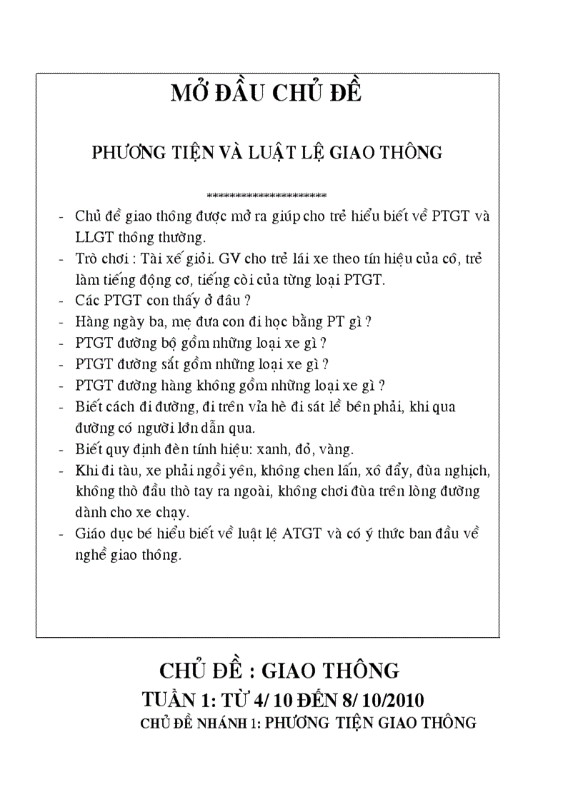 Giáo án chủ đề PTGT 1