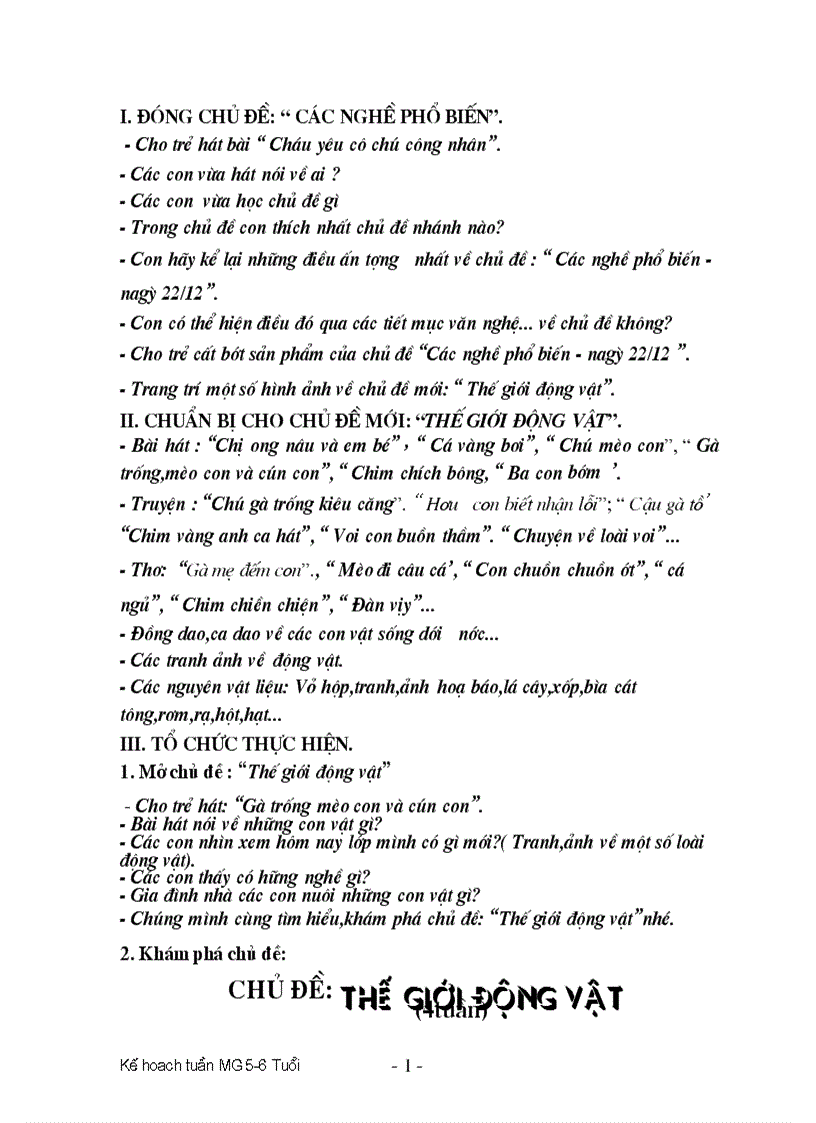 Kế hoạch tuần chủ đề 5 Thế giới Động vật lớp MG 5 6 tuổi trường MN Yên Đức
