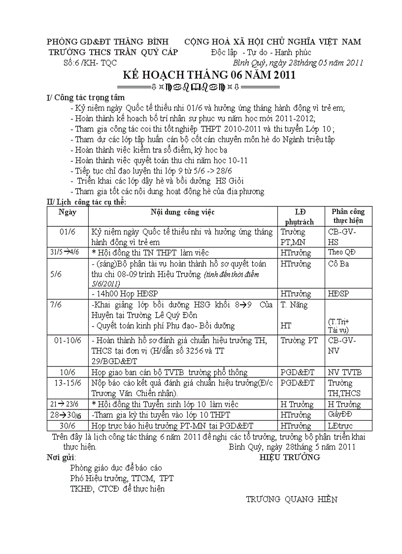 Kế hoạch công tác tháng 6 năm 2011