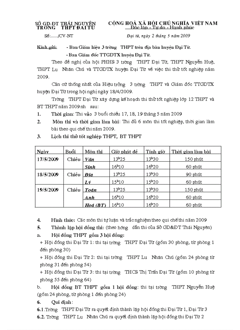 Kế hoạch thi thử tốt nghiệp 2009