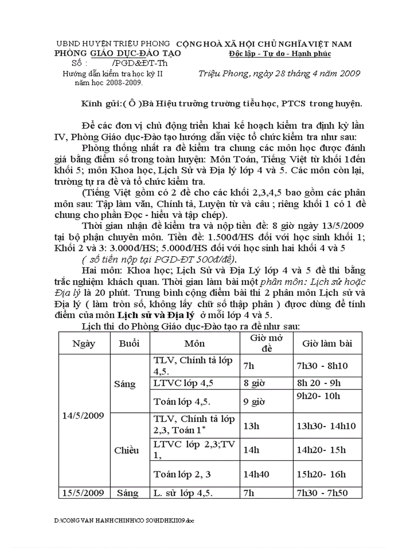 Hướng dẫn thi học kỳ 2 năm học 2008 2009 bậc Tiểu học