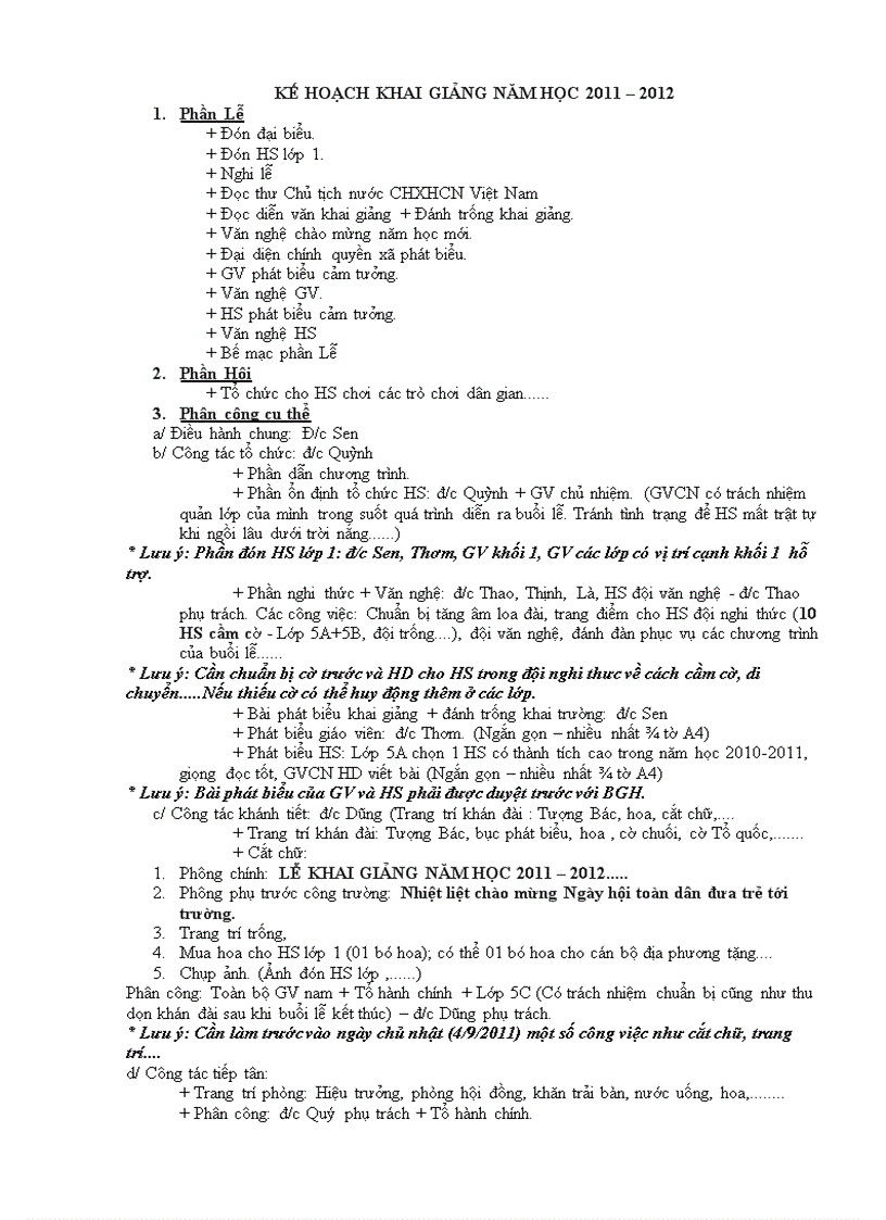 Kế hoạch Khai giảng năm học 2011 2012