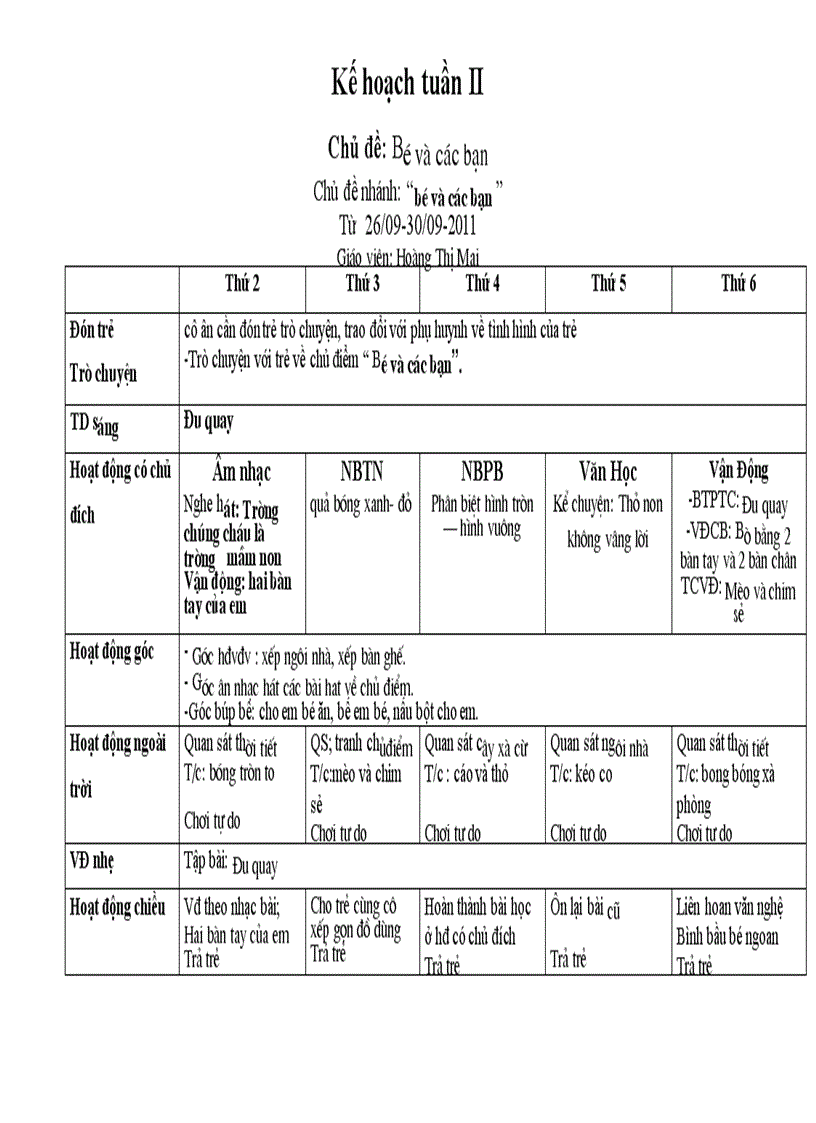 Ke họch tuan 2 chu diem be va cac ban