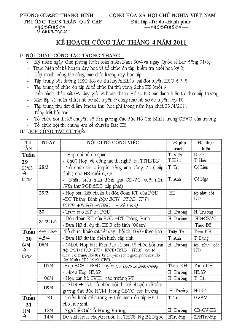 Kế hoạch công tác tháng 4 năm 2011