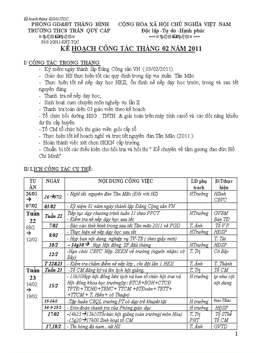 Kế hoạch công tác tháng 02 năm 2011