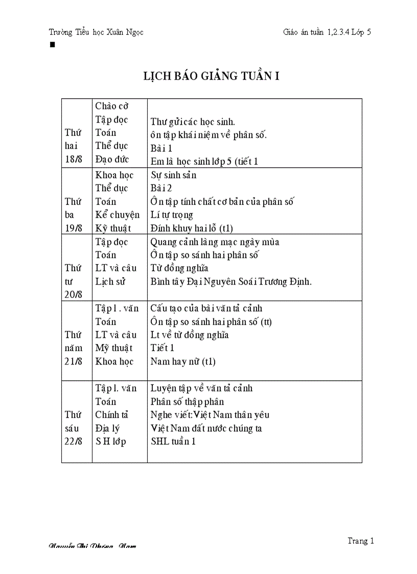 Giáo án lớp 5 tuần 1 2 3 4 đủ các môn