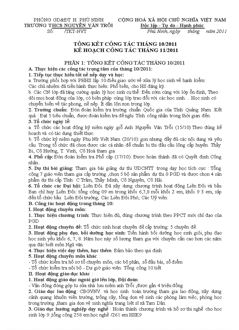 Kế hoạch công tác tháng 11