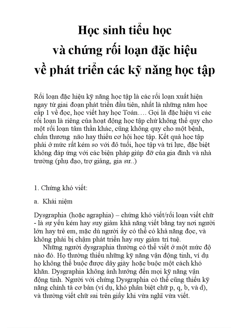 Học sinh tiểu học và chứng rối loạn phát triển các kĩ năng học tập