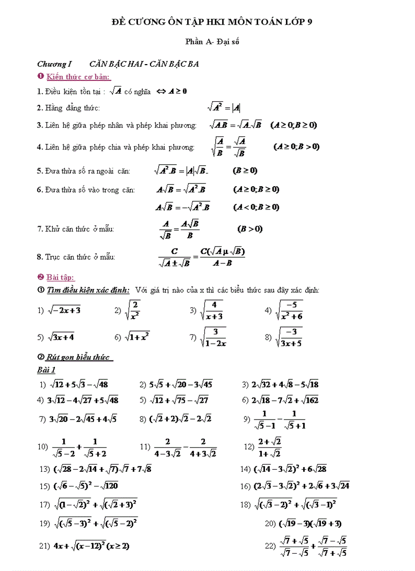 Ôn tập học kỳ i toán 9