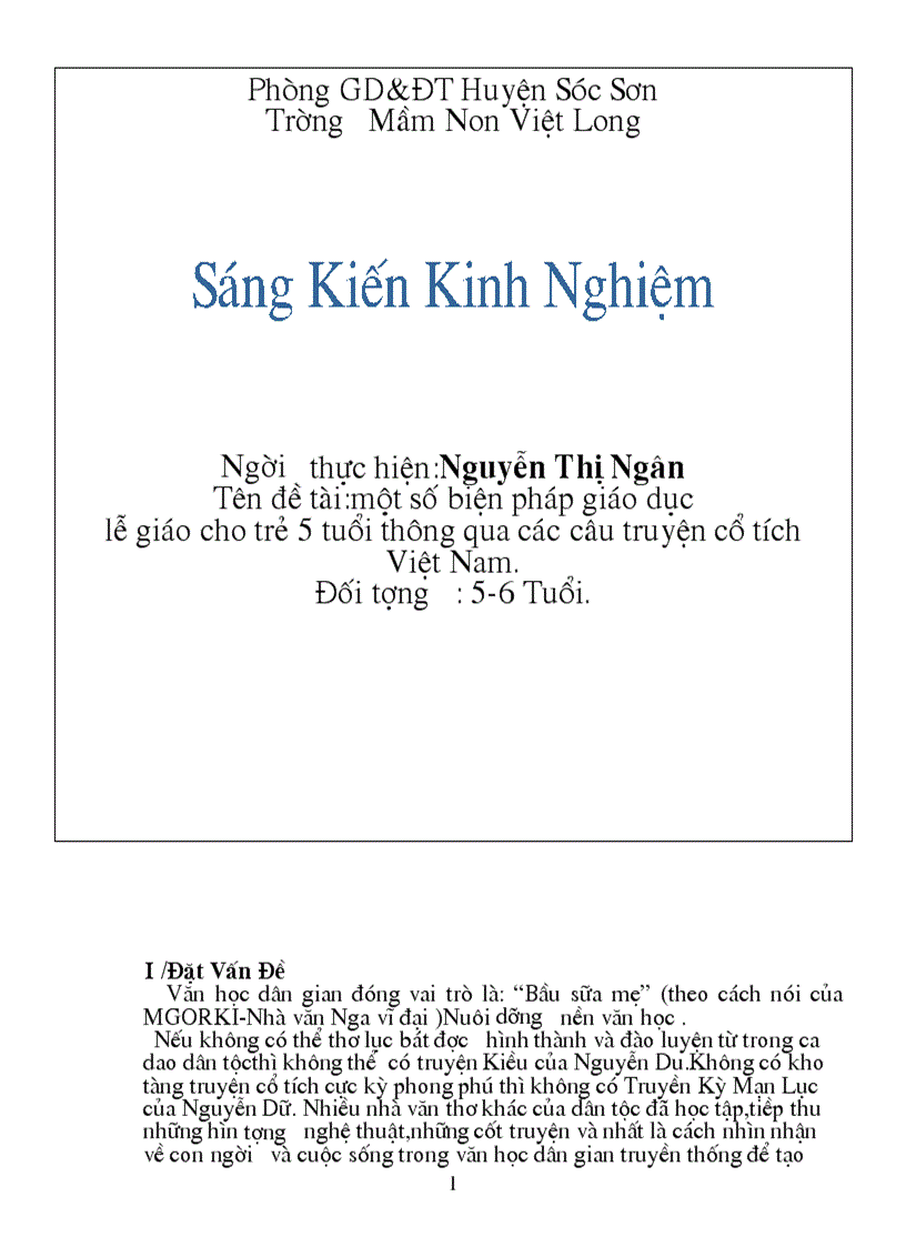 SKKN Một số biện pháp giáo dục lễ giáo cho trẻ 5 tuổi thông qua các câu truyện cổ tích Việt Nam