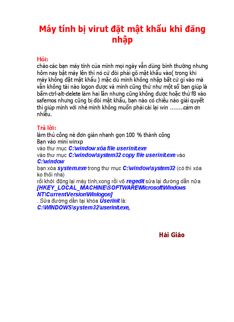 Máy tính bị virut đặt mật khẩu khi đăng nhập